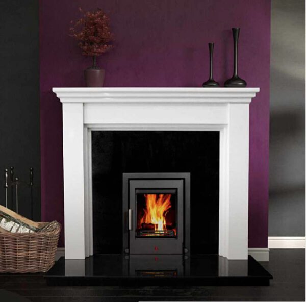 Antoinette polished polar white limestone fireplace surround